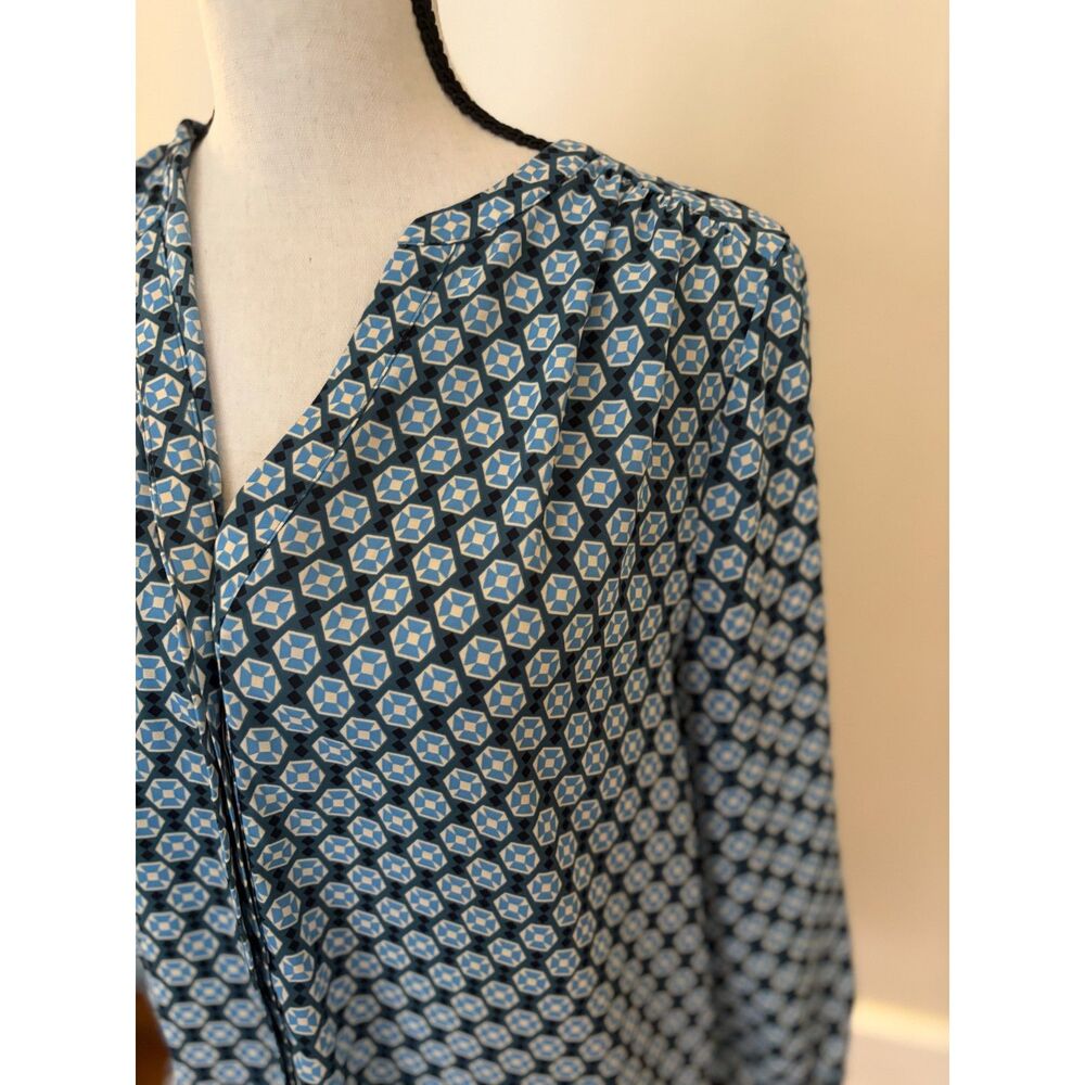 NYDJ Geometric Print Peasant Blouse – Women's XS Blue & Black Long Sleeve Top